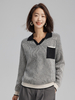 Women Cashmere Polo Neck Vertical Stripes Sweater