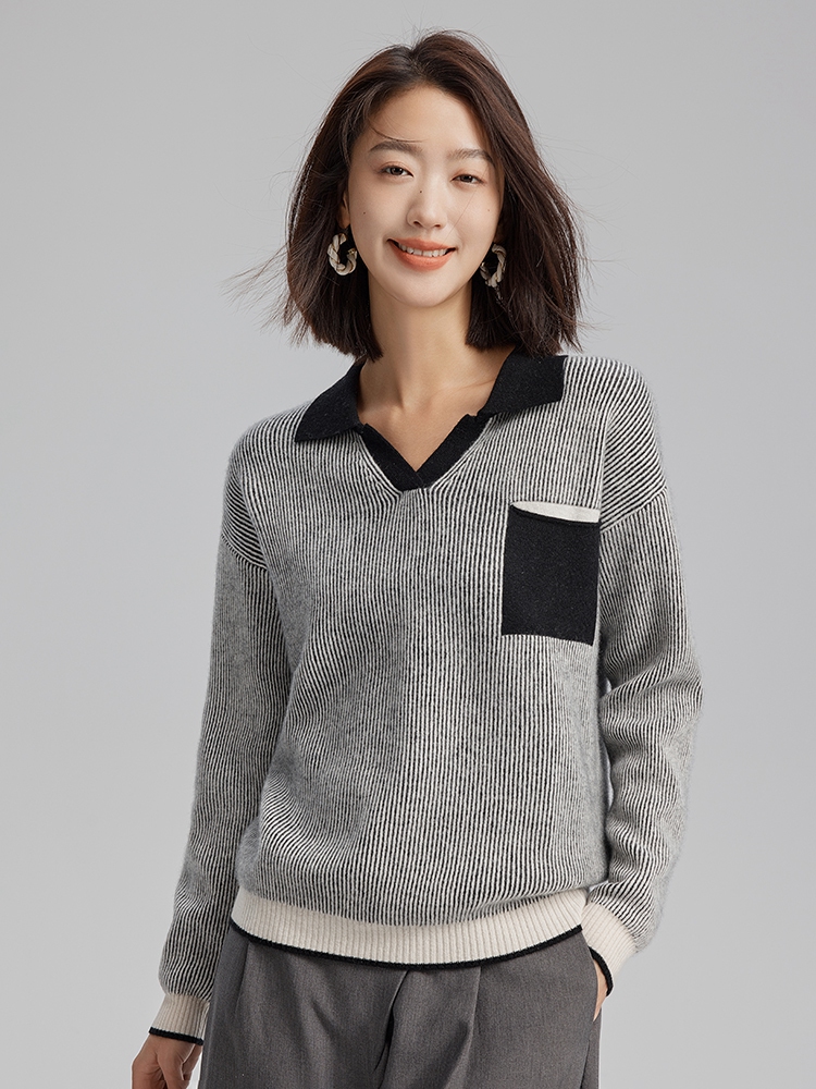 Women Cashmere Polo Neck Vertical Stripes Sweater