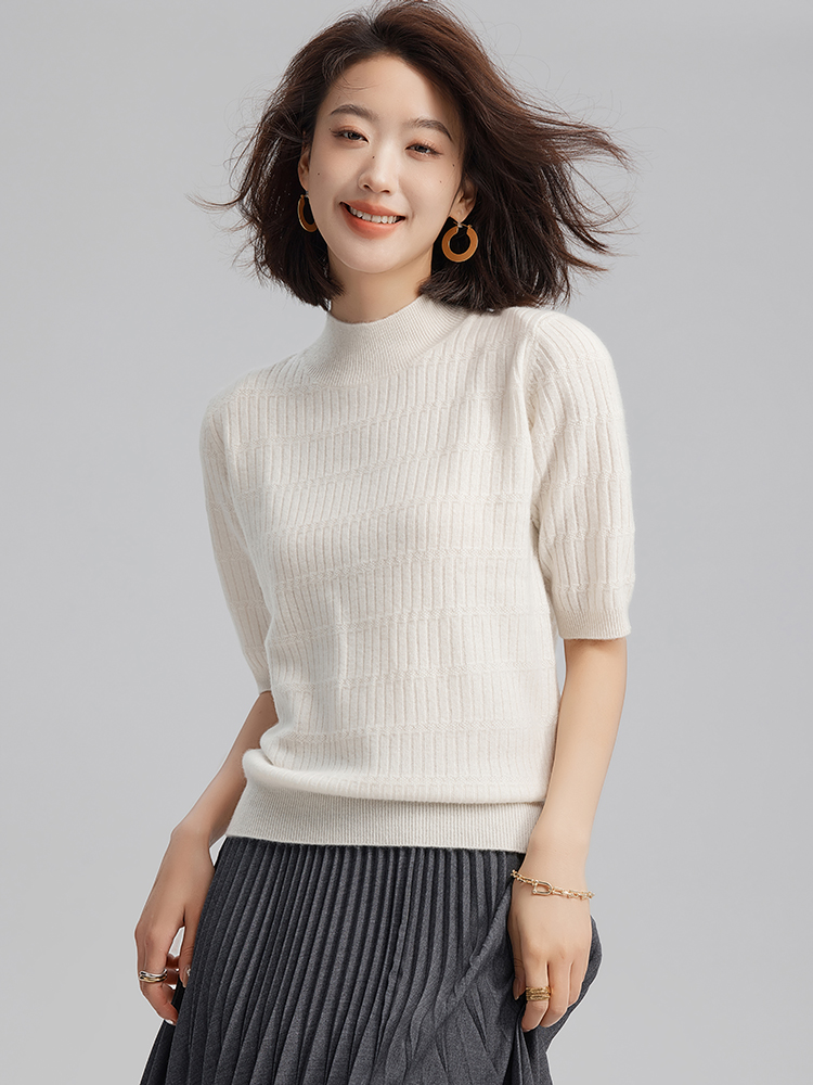 Women Cashmere Half Turtleneck Ribbed T-shirt