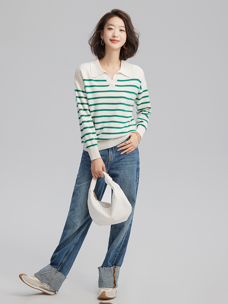 Women Cashmere Polo Neck Horizontal Stripes Sweater
