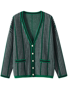 Women Cashmere V-neck Houndstooth Cardigan