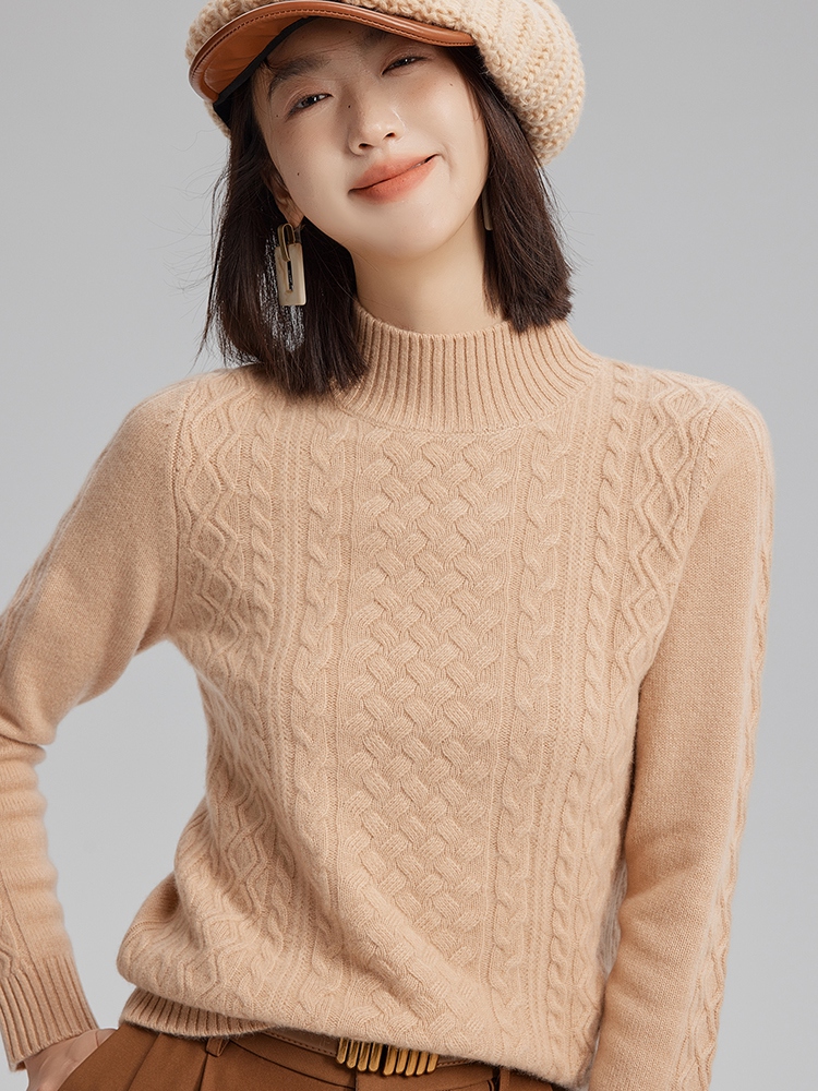 Women Cashmere Half Turtleneck Cable Sweater
