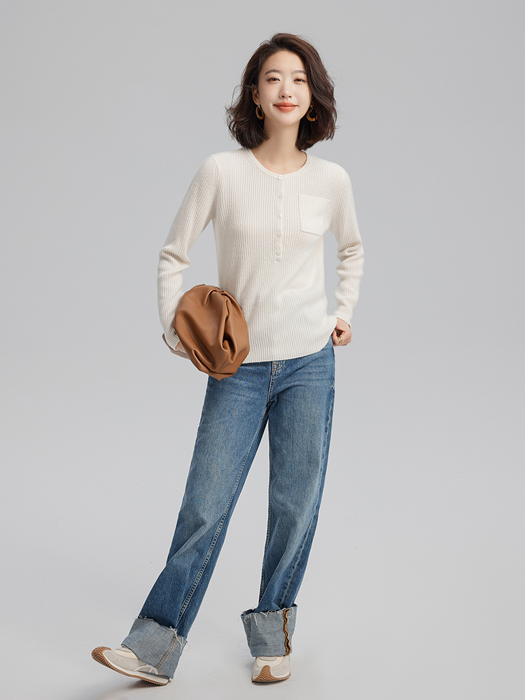 Women Cashmere Roud Neck Ribbed Sweater with Half Buttons