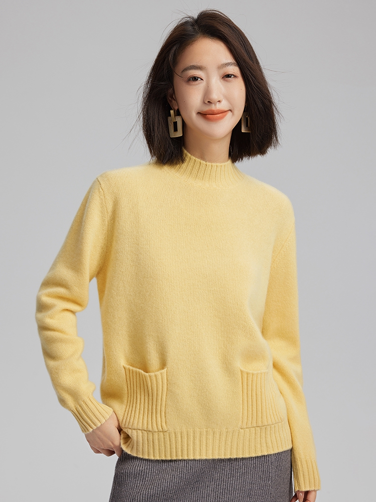 Women Cashmere Half Turtleneck Sweater with Pockets