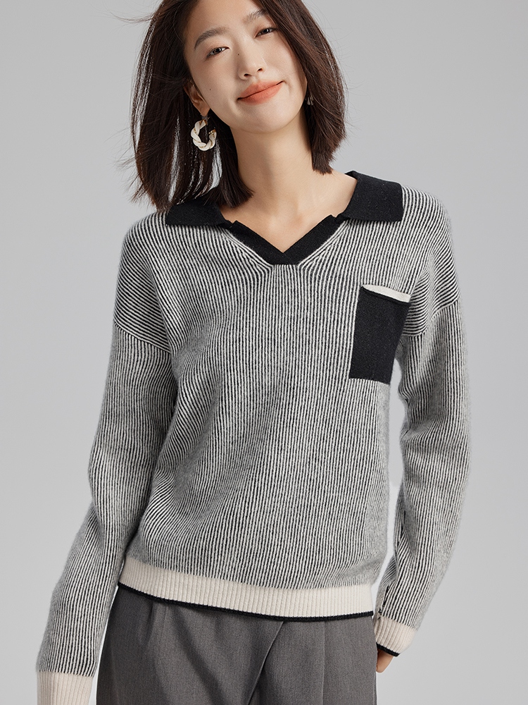 Women Cashmere Polo Neck Vertical Stripes Sweater