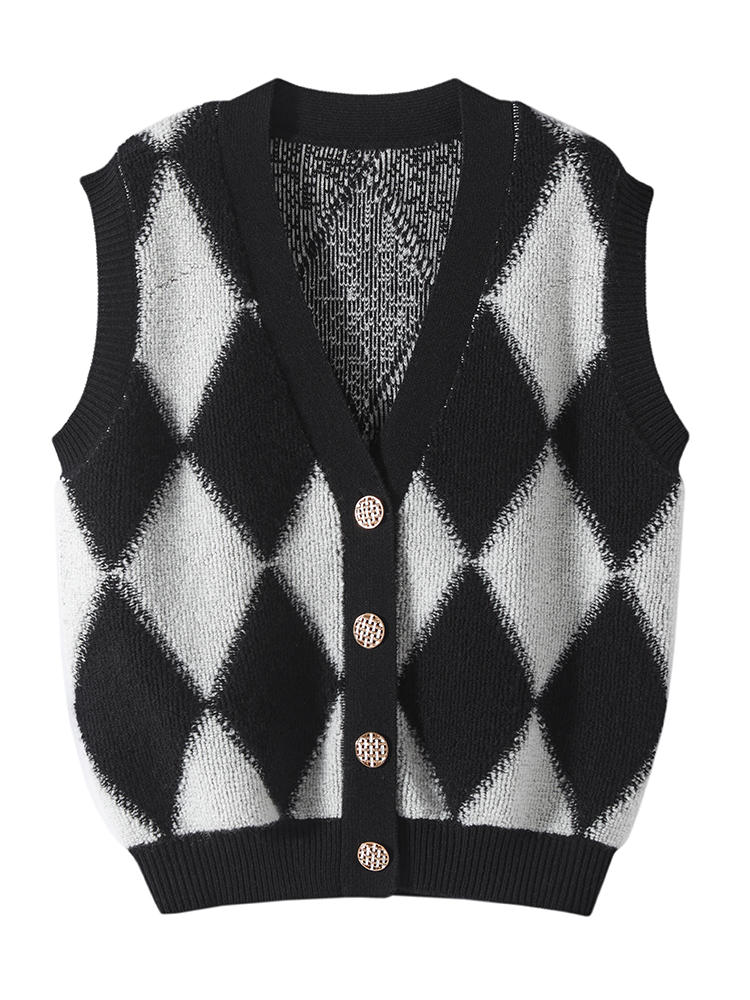 Women Cashmere V-neck Argyle Tank Top