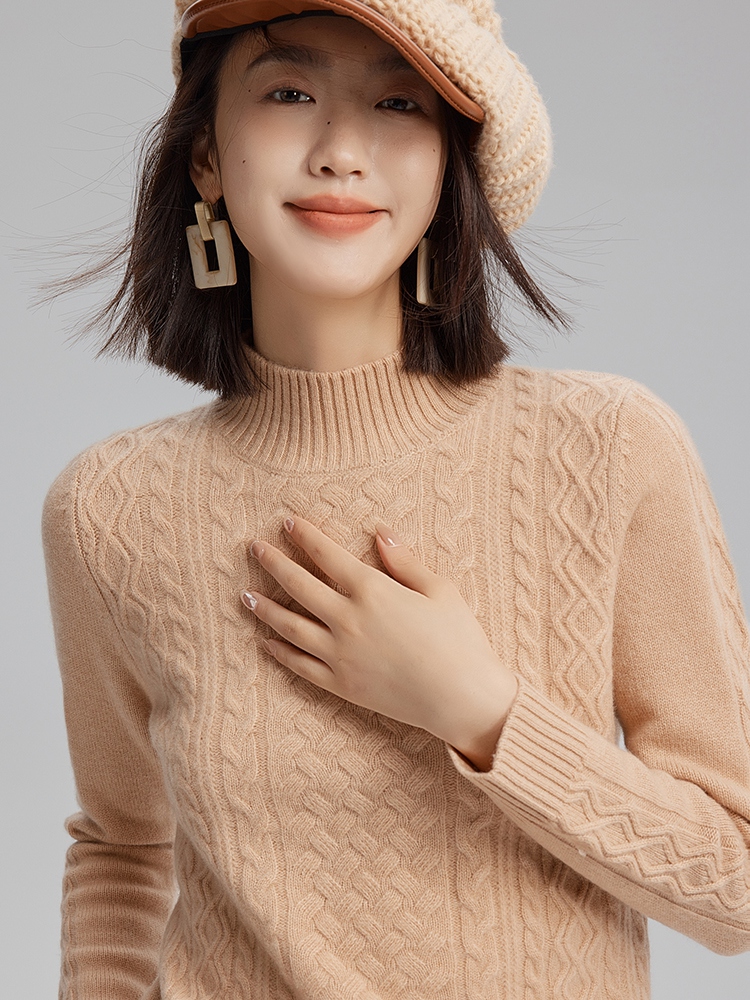 Women Cashmere Half Turtleneck Cable Sweater
