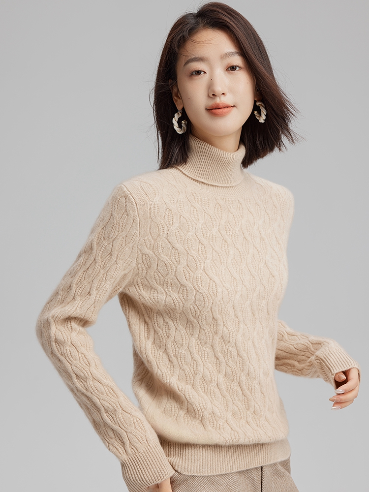 Women Cashmere Turtleneck Cable Sweater