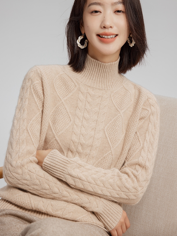 Women Cashmere Half Turtleneck Cable Sweater
