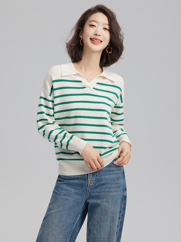 Women Cashmere Polo Neck Horizontal Stripes Sweater