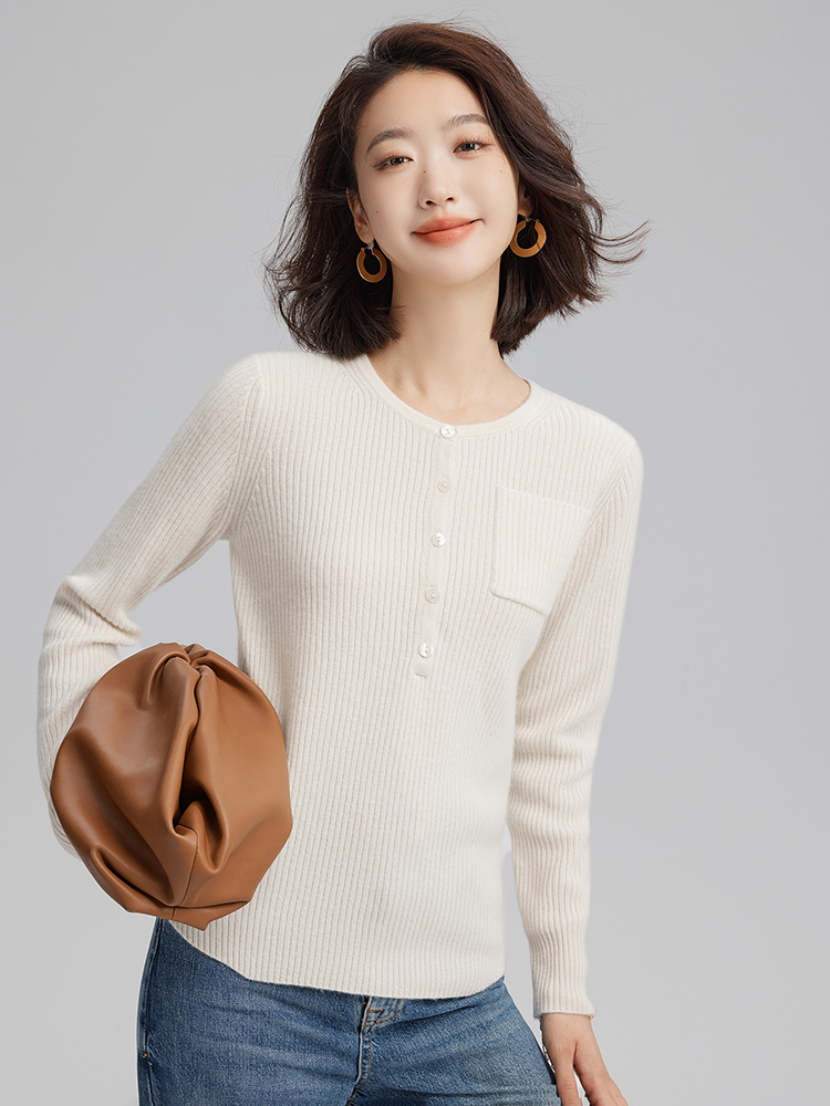 Women Cashmere Roud Neck Ribbed Sweater with Half Buttons