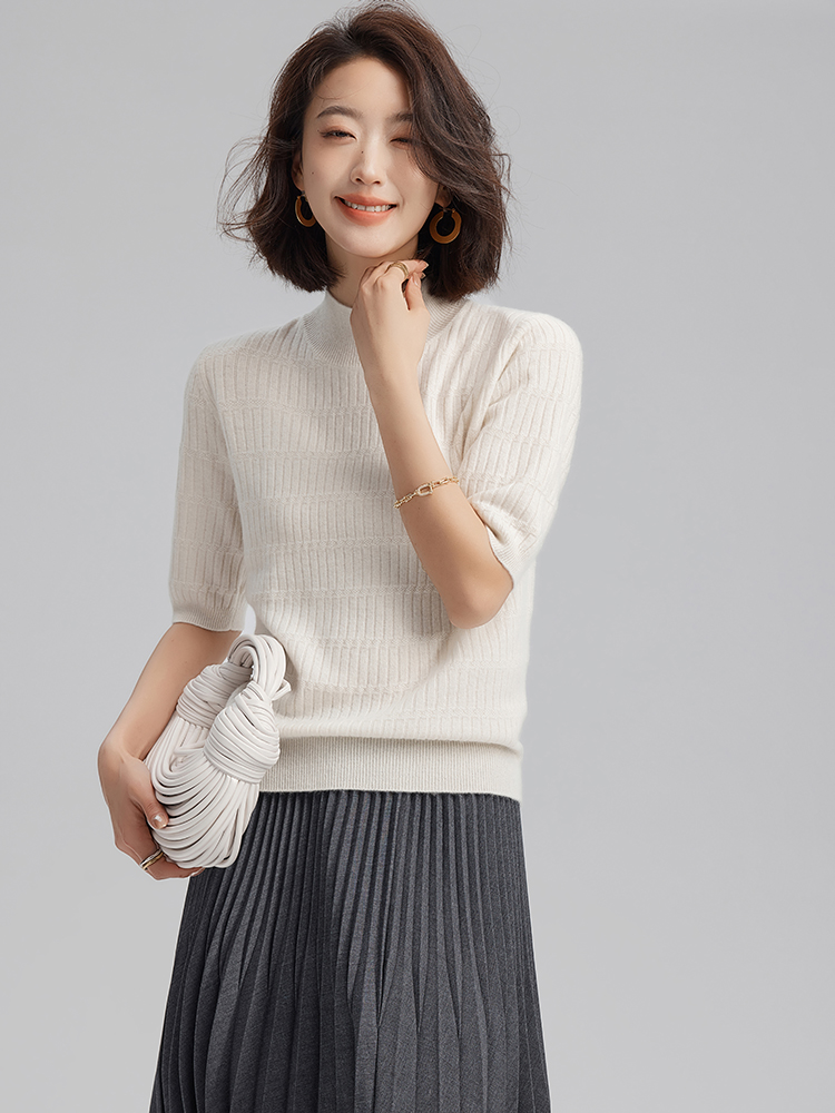 Women Cashmere Half Turtleneck Ribbed T-shirt