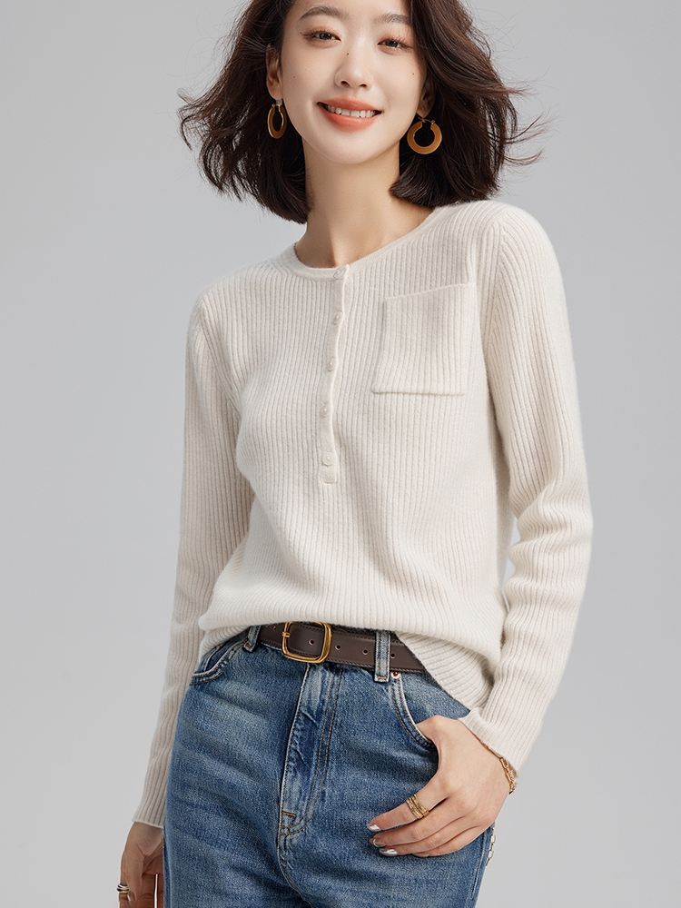 Women Cashmere Roud Neck Ribbed Sweater with Half Buttons