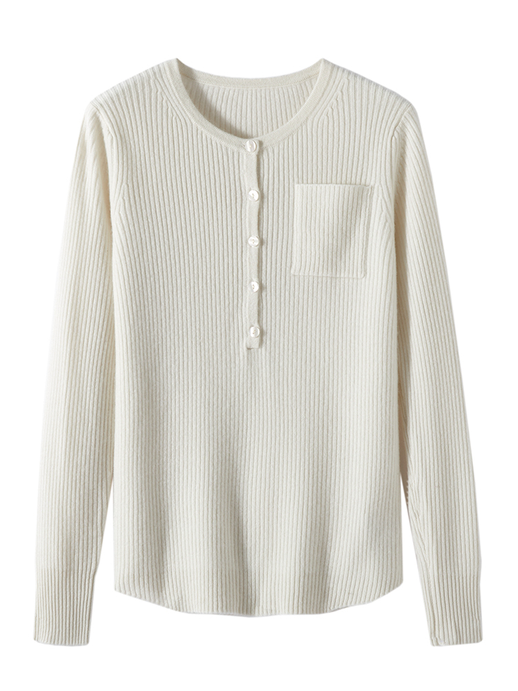 Women Cashmere Roud Neck Ribbed Sweater with Half Buttons