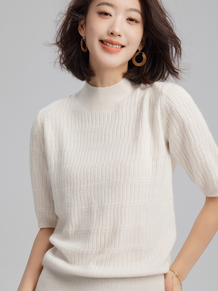 Women Cashmere Half Turtleneck Ribbed T-shirt