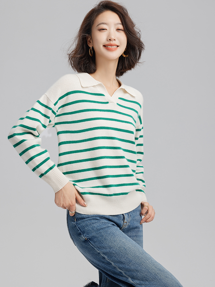 Women Cashmere Polo Neck Horizontal Stripes Sweater