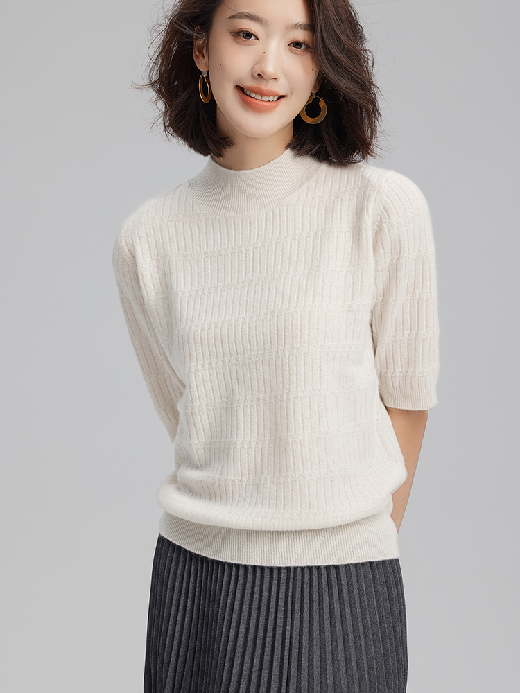 Women Cashmere Half Turtleneck Ribbed T-shirt