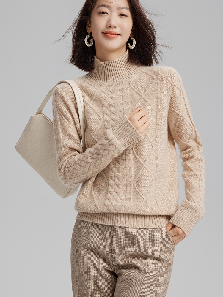Women Cashmere Half Turtleneck Cable Sweater