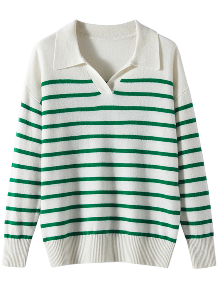 Women Cashmere Polo Neck Horizontal Stripes Sweater