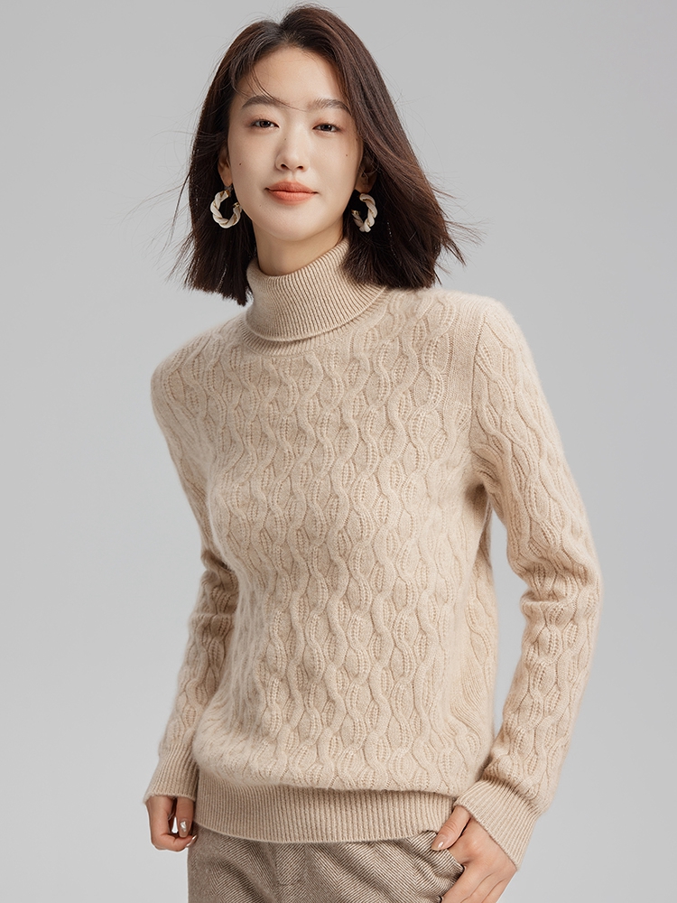 Women Cashmere Turtleneck Cable Sweater