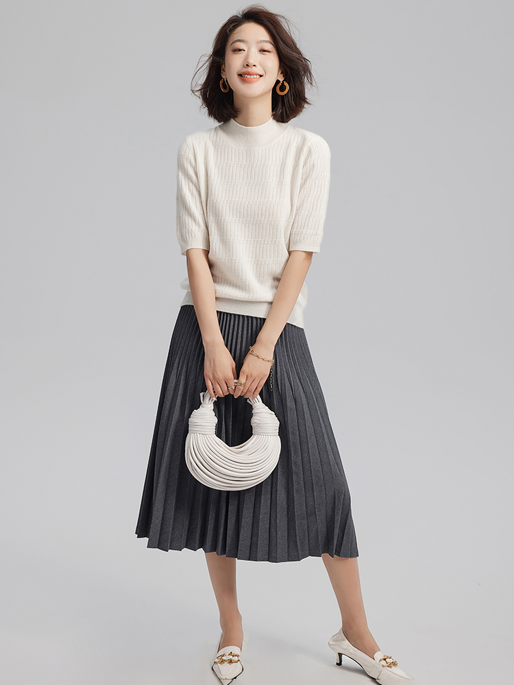 Women Cashmere Half Turtleneck Ribbed T-shirt