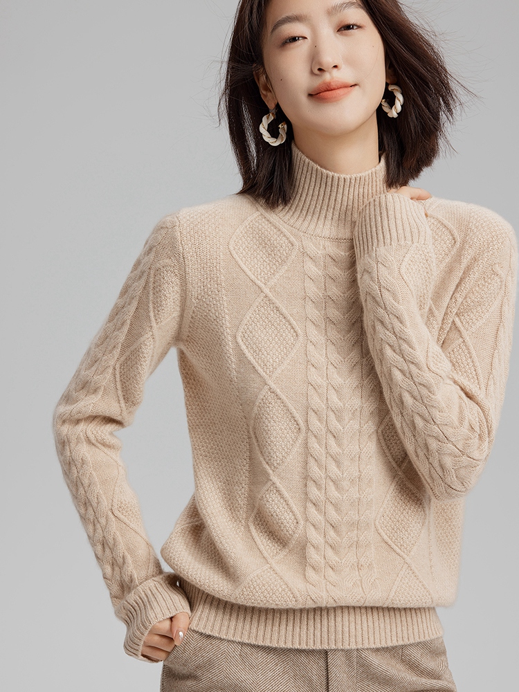 Women Cashmere Half Turtleneck Cable Sweater