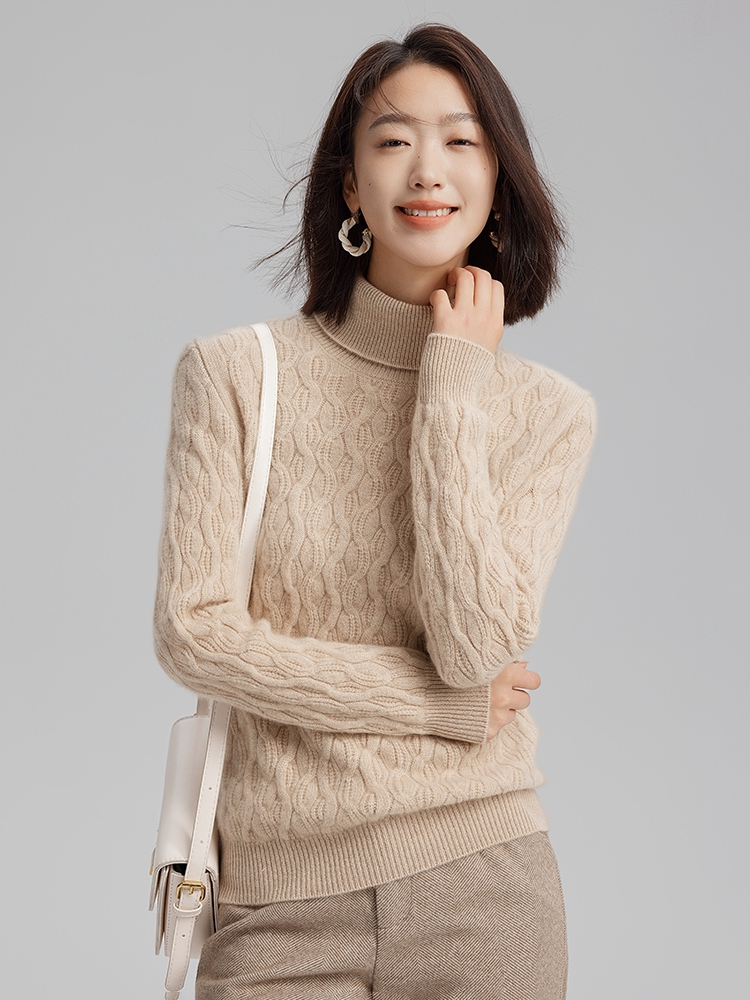 Women Cashmere Turtleneck Cable Sweater
