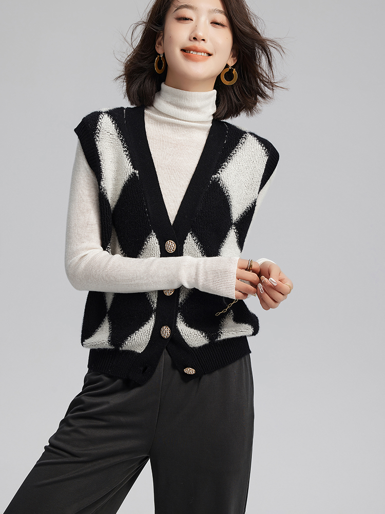Women Cashmere V-neck Argyle Tank Top