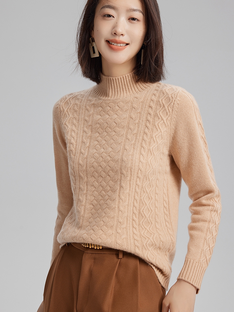 Women Cashmere Half Turtleneck Cable Sweater