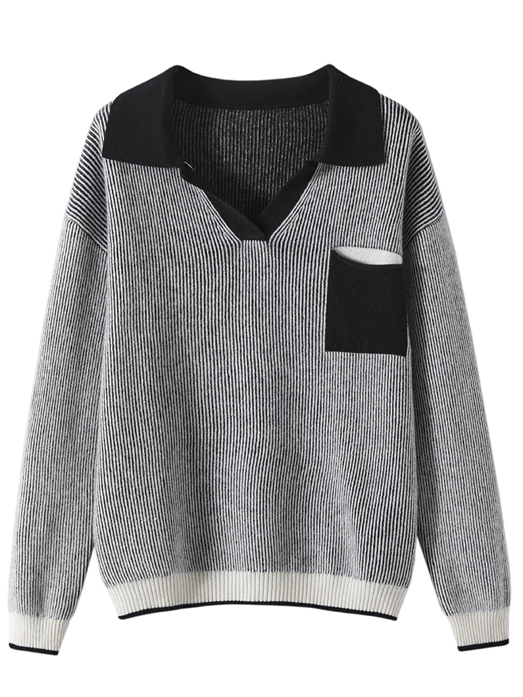 Women Cashmere Polo Neck Vertical Stripes Sweater