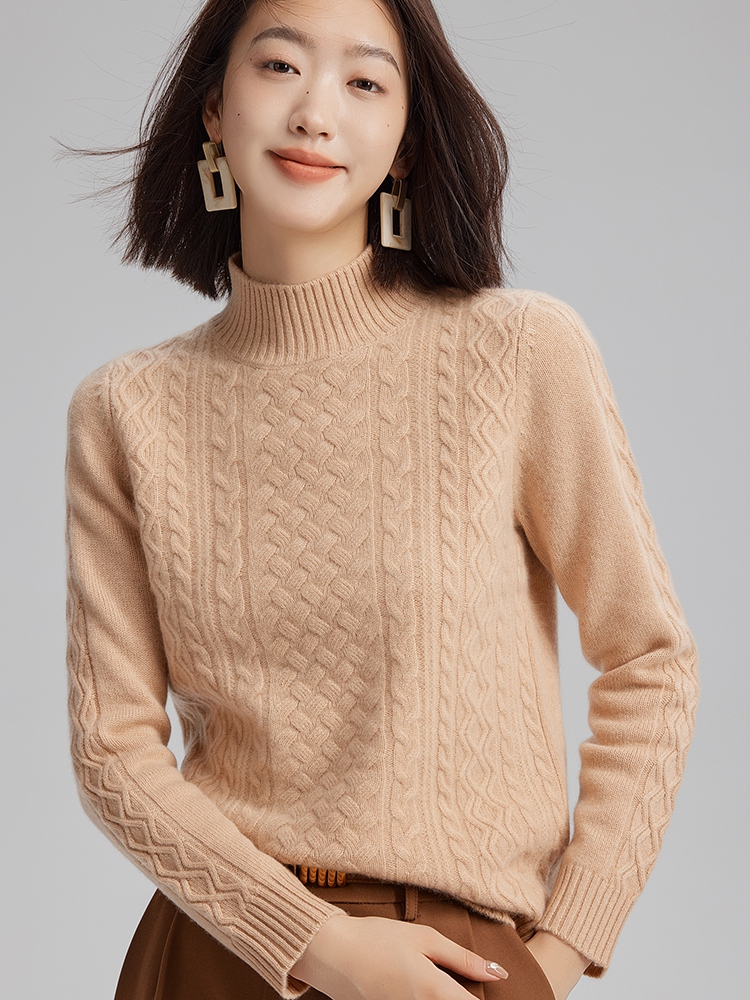 Women Cashmere Half Turtleneck Cable Sweater