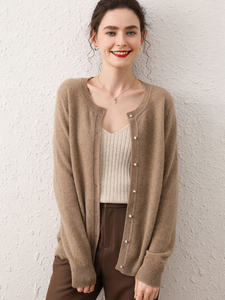 Women 100% Cashmere Round-neck Cardigan With Pearl Button