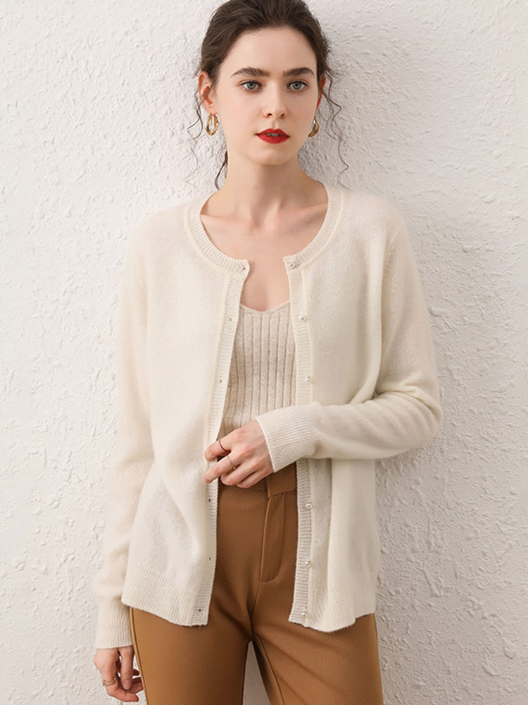 Women 100% Cashmere Round-neck Cardigan With Pearl Button