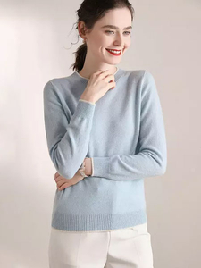 Women A/W 100% Cashmere Round Neck Sweater with White Collar And Hem
